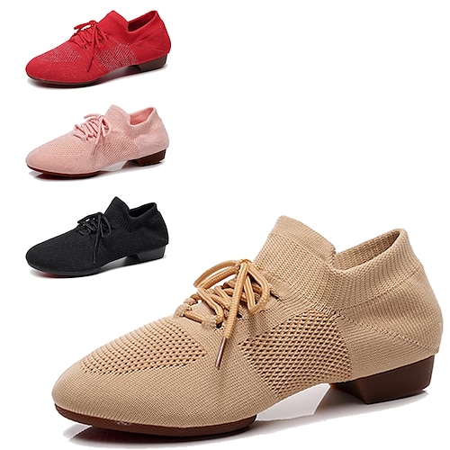 

Women's Jazz Shoes Dance Shoes Training Performance Practice Oxford Thick Heel Lace-up Adults' Black Rosy Pink Camel