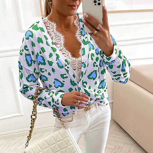 

Women's Blouse Shirt Green Blue Yellow Leopard Button Lace Trims Long Sleeve Daily Weekend Streetwear Casual V Neck Regular S / 3D Print / Print