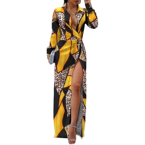 

Women's Casual Dress Shirt Dress Sheath Dress Long Dress Maxi Dress Black And White Green Yellow Long Sleeve Striped Split Winter Fall Autumn Shirt Collar Winter Dress Fall Dress 2022 S M L XL 2XL