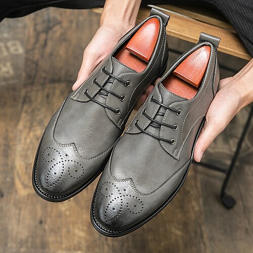 

Men's Oxfords Formal Shoes British Style Plaid Shoes Bullock Shoes Wingtip Shoes Casual British Wedding Office & Career PU Black Brown Gray Winter Fall