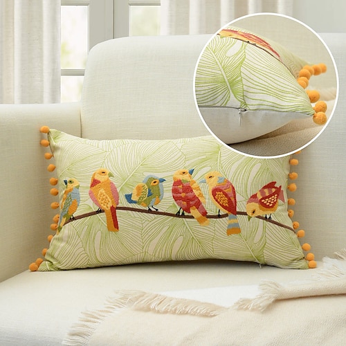 

Birds Embroidered Pillow Cover Pastoral Decorative Colorful Lumbar Quality Cushion Cover for Sofa Bedroom Livingroom