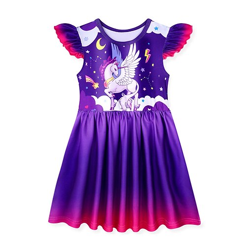 

Kids Little Girls' Dress Unicorn A Line Dress Daily Vacation Purple Pink Asymmetrical Short Sleeve Princess Sweet Dresses Spring Summer Regular Fit 2-8 Years