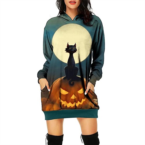 

Women's Hoodie Dress Shift Dress Short Mini Dress Blue Purple Yellow Dusty Blue Lavender Dark Blue Long Sleeve Cat Pumpkin Bat Pocket Print Fall Winter Hooded Stylish Casual Modern 2022 S M L XL XXL