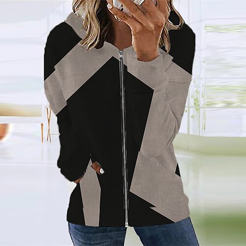 

Women's Casual Jacket Warm Breathable Outdoor Street Going out Casual Daily Zipper Pocket Print Zipper Hoodie Preppy Style Color Block Regular Fit Outerwear Long Sleeve Winter Fall Black S M L XL XXL