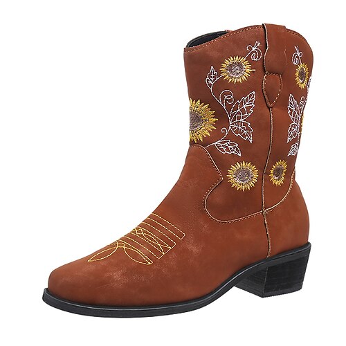 

Women's Boots Daily Cowboy Boots Booties Ankle Boots Winter Embroidery Block Heel Vintage PU Leather Loafer Embroidered Black Yellow Brown
