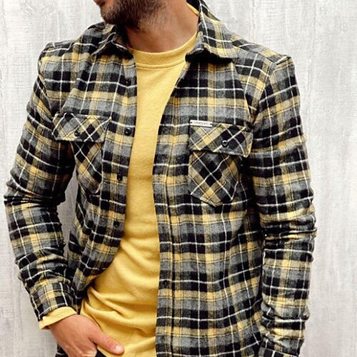 

Men's Flannel Shirt Shirt Jacket Shacket Shirt Plaid / Check Turndown Yellow Street Daily Long Sleeve Button-Down Clothing Apparel Basic Fashion Casual Comfortable