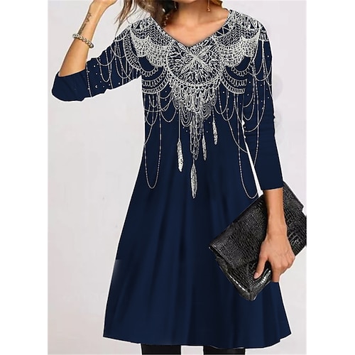 

Women's Casual Dress T Shirt Dress Tee Dress Short Mini Dress Navy Blue Long Sleeve Floral Pocket Print Fall Winter V Neck Vacation Casual 2022 S M L XL XXL 3XL