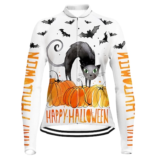 

21Grams Women's Cycling Jersey Long Sleeve Bike Top with 3 Rear Pockets Mountain Bike MTB Road Bike Cycling Breathable Quick Dry Moisture Wicking White Cat Halloween Spandex Polyester Sports Clothing