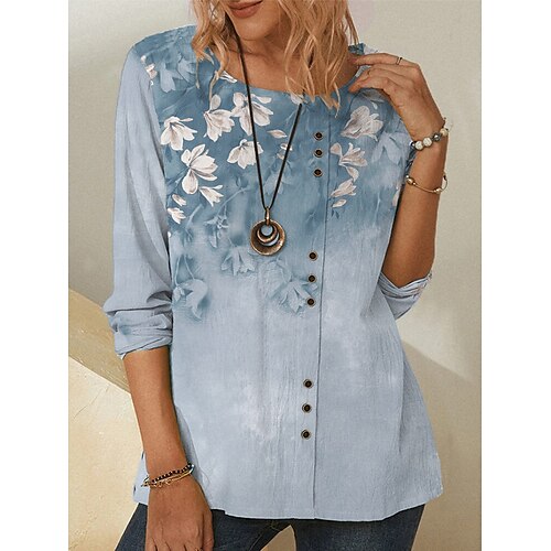 

Women's Shirt Green Blue Purple Floral Button Print Long Sleeve Daily Weekend Streetwear Casual Round Neck Regular Floral S / 3D Print