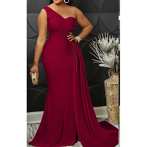 

Women's Party Dress Bodycon Long Dress Maxi Dress claret Black Blue Sleeveless Pure Color Patchwork Winter Fall Autumn One Shoulder Christmas Evening Party Wedding Guest Slim 2022 S M L XL 2XL