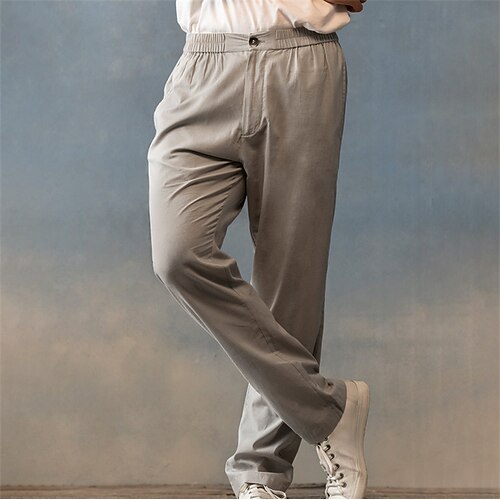 

Men's Linen Pants Trousers Casual Pants Pocket Elastic Waist Solid Color Comfort Breathable Casual Daily Streetwear Cotton Blend Sports Fashion Grey Micro-elastic