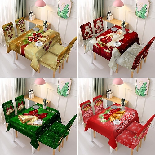 

Christmas Tablecloth Set Chair Cover Rectangle Table Cloth Cover Washable Wrinkle Resistant Holiday Tablecloths for Christmas Family Gathering, Dining Room Table