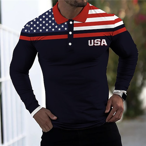 

Men's Collar Polo Shirt Golf Shirt Color Block National Flag Turndown Black Hot Stamping Street Daily Long Sleeve Button-Down Print Clothing Apparel Fashion Designer Casual Comfortable