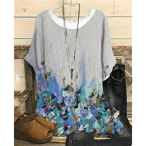 

Women's Plus Size Tops Blouse Shirt Floral Print Half Sleeve Crewneck Streetwear Daily Sports Cotton Spandex Jersey Spring Summer Blue Yellow