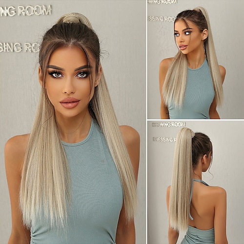 

Extensions de cheveux synthétiques longs brun clair blond enroulé autour du clip en queue de cheval naturel faux cheveux résistant à la chaleur postiche