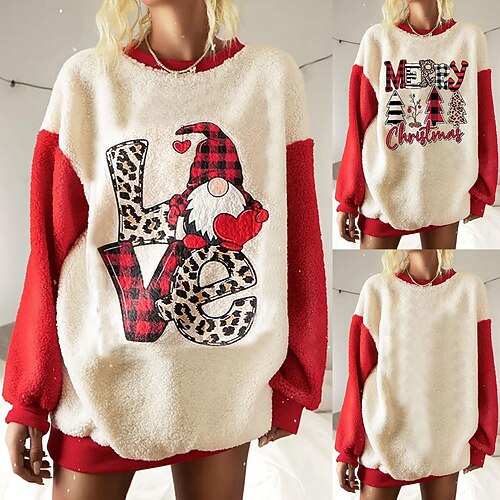 

Women's Autumn And Winter Christmas Print Plush Fleece Long Sleeve Top Colorblock Plush Sweater Women