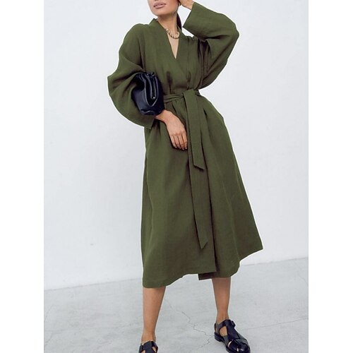 

Women's Casual Dress Linen Dress Shift Dress Midi Dress Green Black Long Sleeve Pure Color Lace up Winter Fall Autumn V Neck Winter Dress Fall Dress Loose Fit 2022 S M L