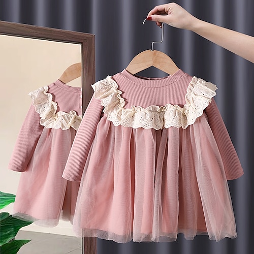 

Kids Girls' Dress Solid Colored A Line Dress Asymmetrical Dress Holiday Long Sleeve Princess Dress 2-6 Years Winter Dusty Rose