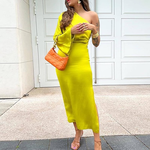 

Women's Party Dress Sheath Dress Maxi long Dress Yellow Long Sleeve Pure Color Ruched Split Cold Shoulder Fall Winter One Shoulder Fashion Party 2022 S M L XL XXL 3XL