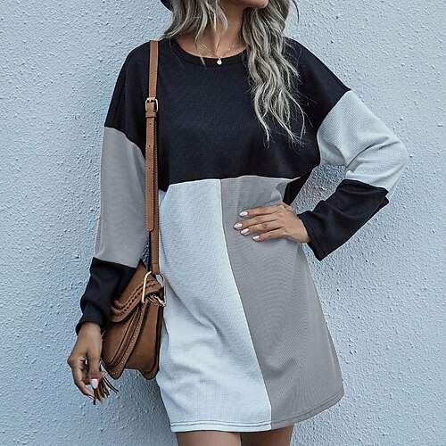 

Women's Hoodie Dress Shift Dress Short Mini Dress Light Yellow Yellow Wine Light gray Brown Long Sleeve Color Block Patchwork Fall Winter Round Neck Basic Casual 2022 S M L XL / Cotton