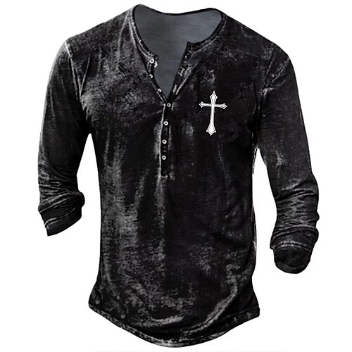 

Men's Tee Templar Cross Snowflake Geometry Collarless Black Light gray Dark Gray Brown White 3D Print Street Casual Long Sleeve 3D Print Clothing Apparel Nostalgic