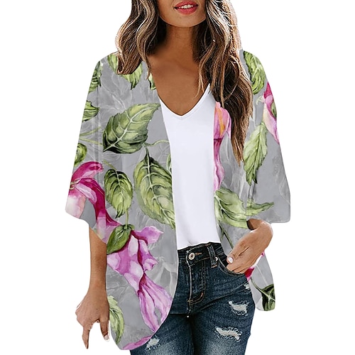 

Women's Shirt Shrugs Green Pink Gray Floral Butterfly Print Long Sleeve Holiday Weekend Streetwear Casual V Neck Regular Floral S / 3D Print