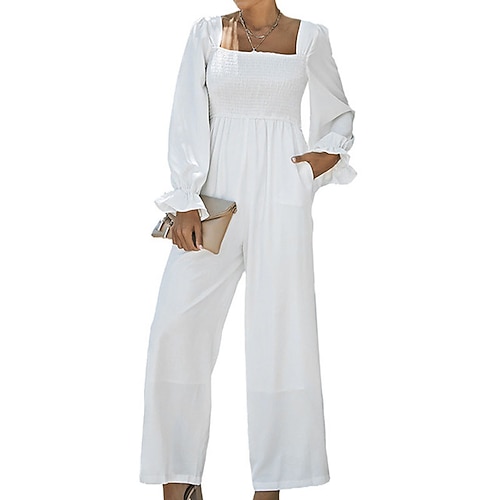 

Women's Jumpsuit Pocket High Waist Solid Color Square Neck Streetwear Street Daily Regular Fit Long Sleeve White Black Blue S M L Fall