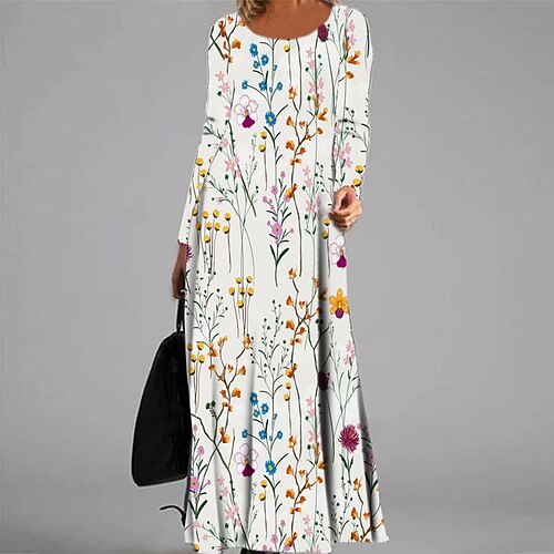 

Women's Casual Dress A Line Dress Maxi long Dress White Long Sleeve Floral Pocket Print Fall Winter V Neck Vacation Casual 2022 S M L XL XXL 3XL