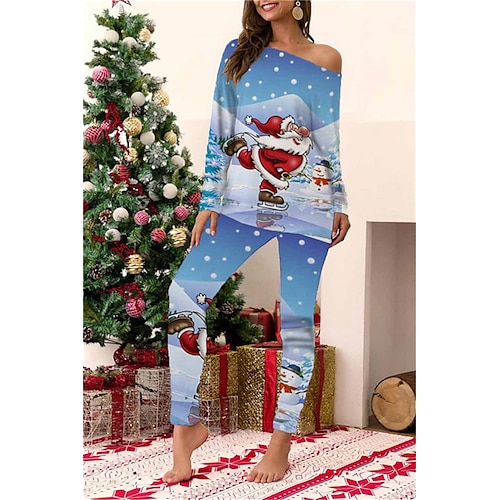 

Women's ChristmasPjs Pajamas Sets 2 Pieces Santa Claus Shark Comfort Soft Home Bed Cotton Spandex Jersey Long Sleeve T shirt Tee Pant Elastic Waist Winter Fall Blue Red / Geometic