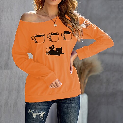

Women's Sweatshirt Pullover One Shoulder Cat Print Daily Sports Hot Stamping Active Streetwear Clothing Apparel Hoodies Sweatshirts Green Black