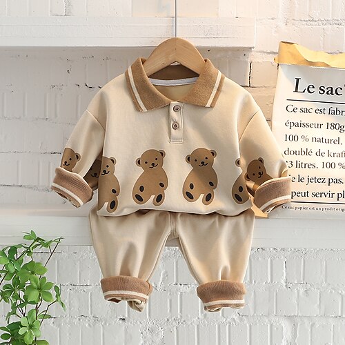 

Kids Toddler Boys Hoodie Pants Clothing Set 2 Pieces Long Sleeve Yellow Light gray Beige Cartoon Bear Print Daily Casual