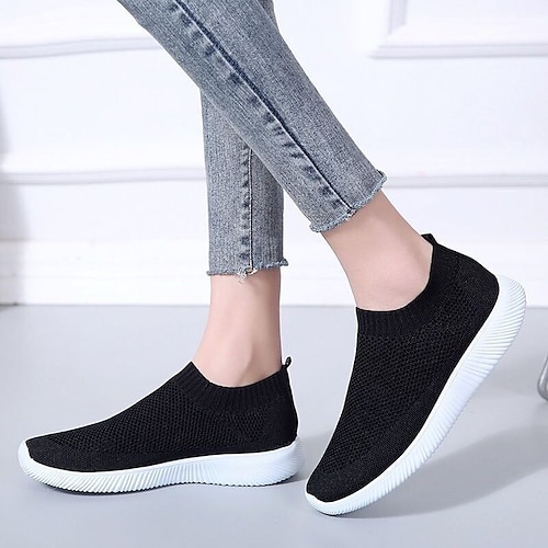 

Women's Trainers Athletic Shoes Daily Plus Size Flyknit Shoes Flat Heel Round Toe Casual Minimalism Running Shoes Tissage Volant Loafer Striped Black Rosy Pink White