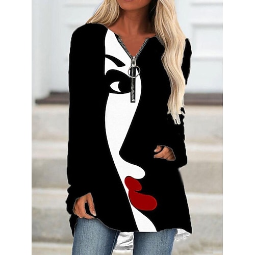 

Women's Shirt Portrait Daily Weekend Portrait Shirt Long Sleeve Quarter Zip Print V Neck Streetwear White Black Pink S / 3D Print