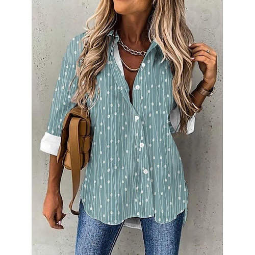 

Women's Blouse Shirt Navy Green Black Polka Dot Striped Button Print Long Sleeve Casual Weekend Streetwear Shirt Collar Regular S / 3D Print