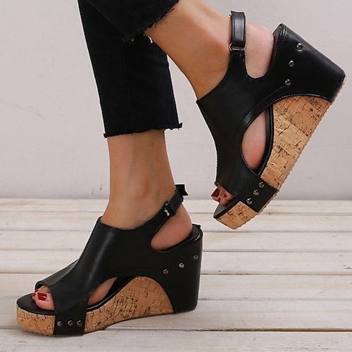 

Women's Boots Daily Plus Size Sandals Boots Summer Boots Booties Ankle Boots Summer Beading Wedge Heel Peep Toe Casual PU Leather Ankle Strap Solid Colored Black Brown Apricot