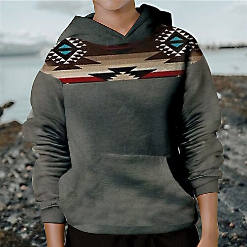 

Kids Boys Hoodie Geometric Outdoor 3D Print Long Sleeve Pocket Active 3-13 Years Winter Gray