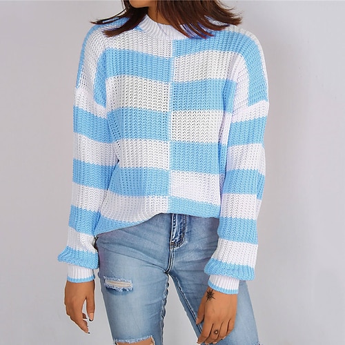 

Women's Pullover Sweater jumper Jumper Crochet Knit Knitted Color Block Crew Neck Stylish Casual Outdoor Daily Winter Fall Blue Pink S M L / Long Sleeve / Holiday / Regular Fit / Going out