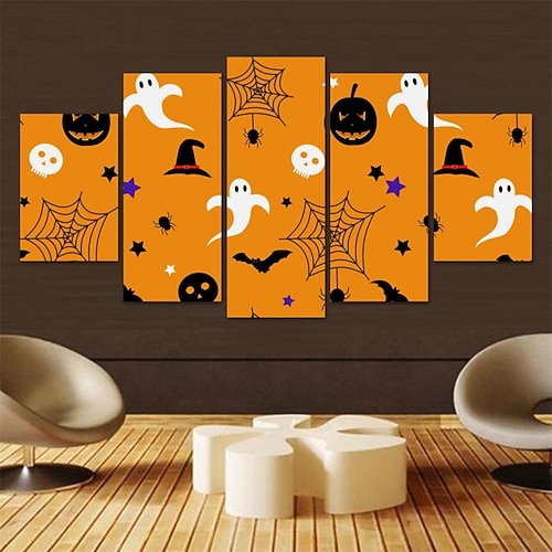 

5 Panels Halloween Prints Posters/Picture Spider Ghost Pumpkin Modern Wall Art Wall Hanging Gift Home Decoration Rolled Canvas No Frame Unframed Unstretched