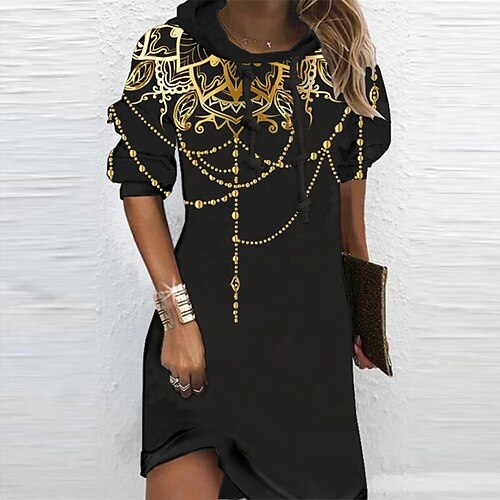 

Women's Hoodie Dress Winter Dress Black Long Sleeve Floral Print Winter Fall Hooded Vacation Casual Fall Dress 2022 S M L XL XXL 3XL