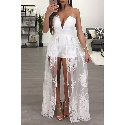 

Women's Party Dress Corset Dress Lace Dress Long Dress Maxi Dress White Sleeveless Pure Color Lace Spring Summer Cold Shoulder Party Mesh S M L XL