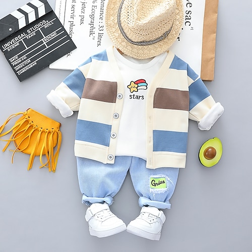 

3 Pieces Kids Unisex T-shirt & Pants Clothing Set Outfit Star Stripe Long Sleeve Crewneck Cotton Set Casual Comfort Fall Blue Orange