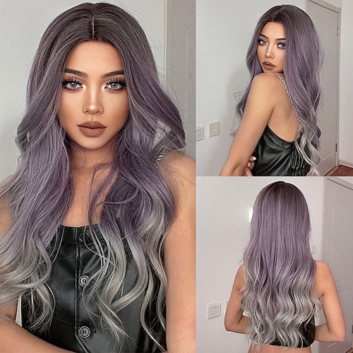 

Ombre Brown Mixed Purple Blonde Long Synthetic Wave Wigs for Women Heat Resistant Colorful Fiber Cosplay Lolita Wigs