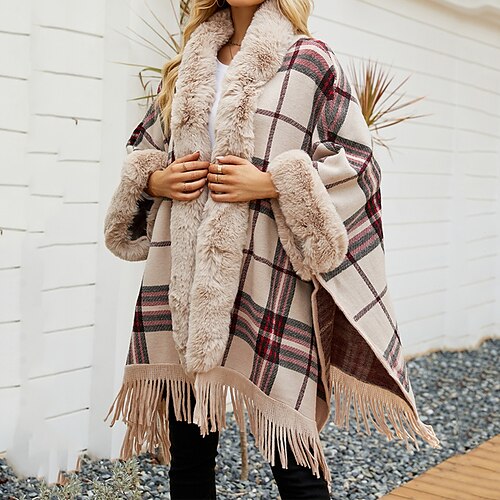 

Women's Poncho Sweater Jumper Ribbed Knit Knitted Faux Fur Trim Plaid Open Front Stylish Elegant Outdoor Daily Winter Fall Beige One-Size / Long Sleeve / Holiday / Regular Fit / Going out