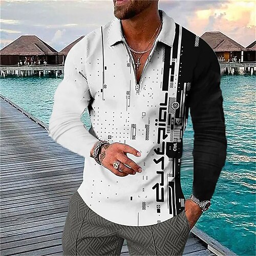 

Men's Collar Polo Shirt Golf Shirt Geometry Turndown White 3D Print Outdoor Street Long Sleeve Zipper Print Clothing Apparel Fashion Designer Casual Breathable
