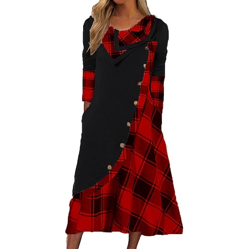 

Damen Casual kleid Schaukelkleid Tartan-Kleid Midikleid Schwarz Rote Grau Langarm Plaid Taste Winter Herbst Rundhalsausschnitt Urlaub winterkleider damen herbstkleider 2023 S M L XL 2XL