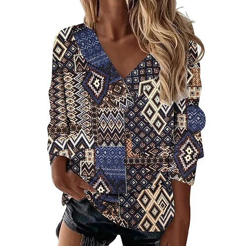 

Women's Blouse Shirt Blue Gray Khaki Geometric Print Long Sleeve Holiday Weekend Streetwear Ethnic V Neck Regular Geometric S / 3D Print