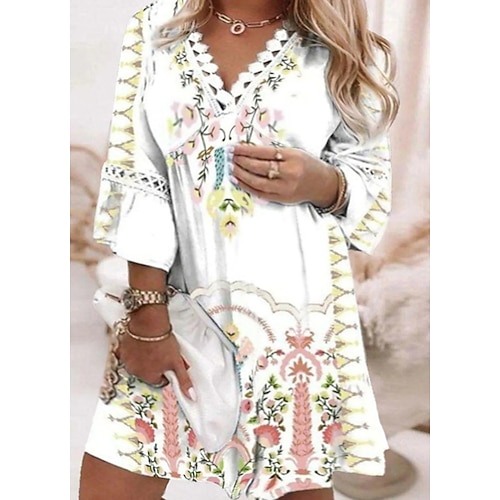 

Women's Plus Size Shift Dress Print V Neck Long Sleeve Winter Fall Stylish Short Mini Dress Holiday Weekend Dress / Skinny
