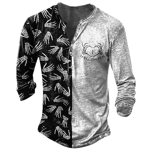 

Men's T shirt Tee Henley Shirt Tee Graphic Skull Henley Gray 3D Print Plus Size Outdoor Daily Long Sleeve Button-Down Print Clothing Apparel Basic Designer Classic Comfortable / Sports