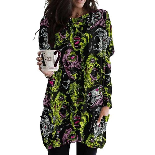 

Women's Casual Dress T Shirt Dress Tee Dress Short Mini Dress Green Long Sleeve Skull Print Fall Winter Crew Neck Stylish Casual 2022 2XS XS S M L XL 2XL 3XL 4XL