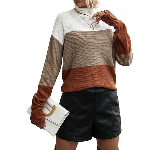 

Women's Pullover Sweater jumper Jumper Ribbed Knit Patchwork Knitted Striped Turtleneck Stylish Casual Outdoor Daily Winter Fall Brown S M L / Long Sleeve / Regular Fit / Going out